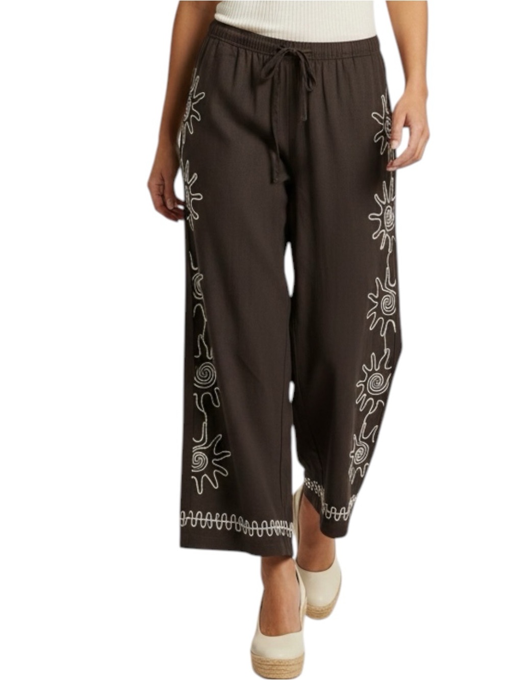 RACHEL ZOE Linen Blend Rich Brown w/ White Appliqué Wide Leg Pants Size M — NWT